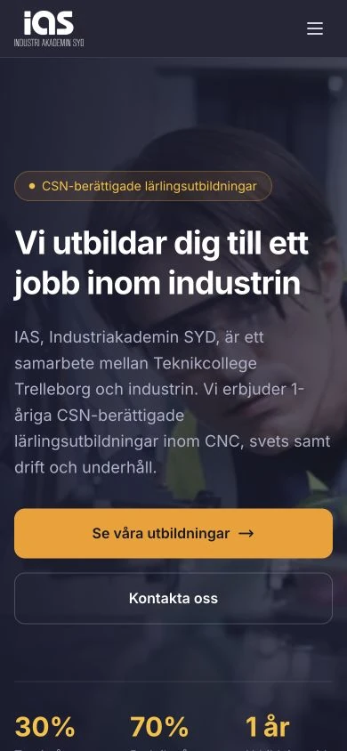 Startsidan för Industriakademin Syd på mobil.
