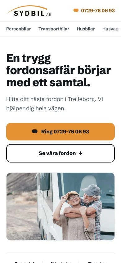 Startsidan för Sydbil på mobil.
