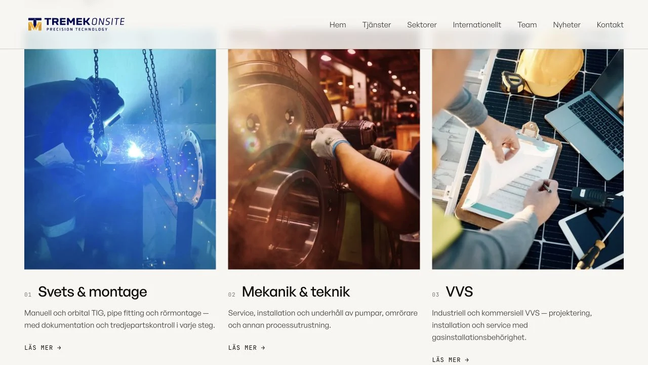 Tremek Onsites webbplats med bilder för svets, mekanik och VVS.