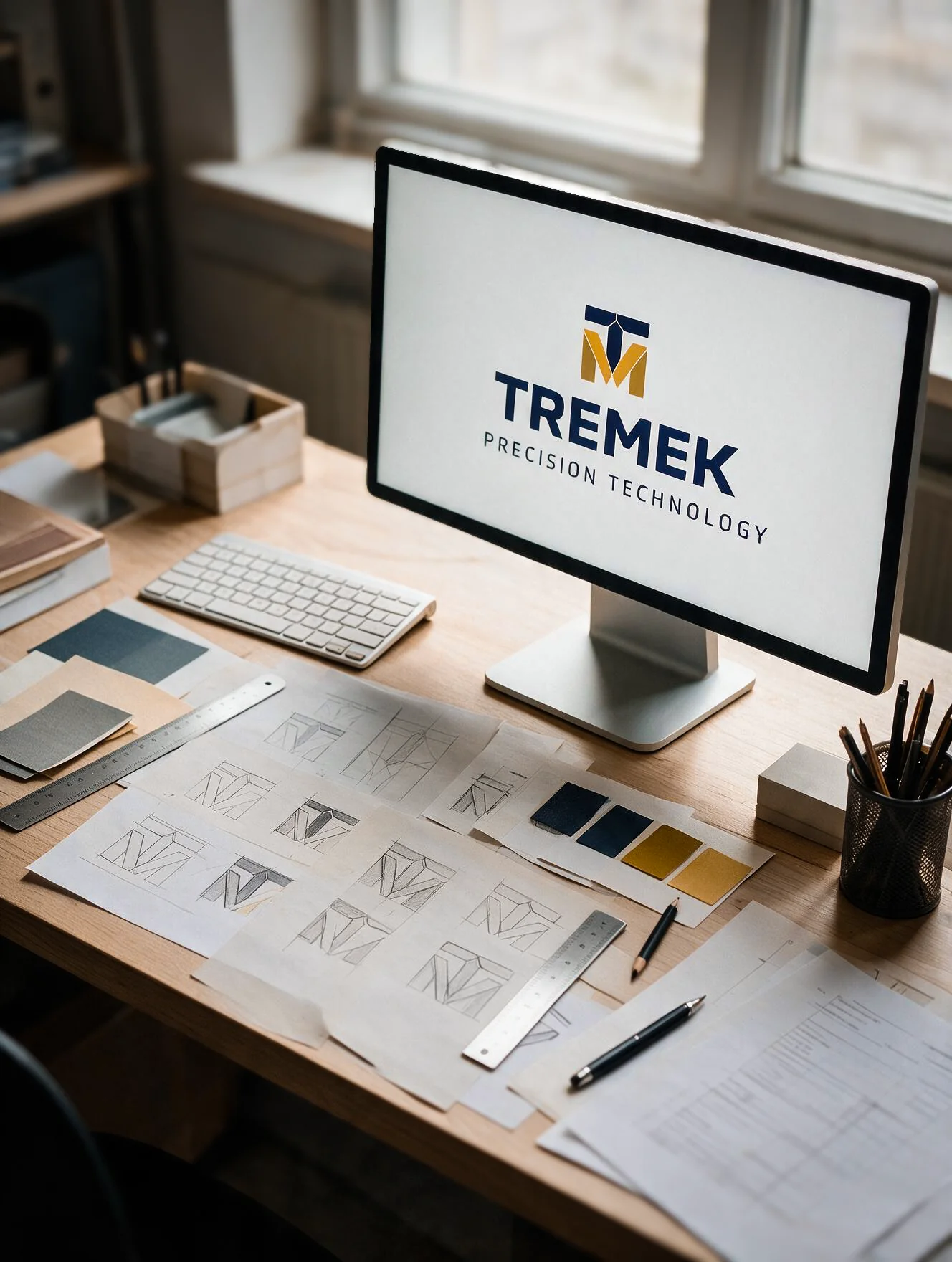 Tremeks visuella identitet på skärm med skisser, färgprover och original på arbetsbordet