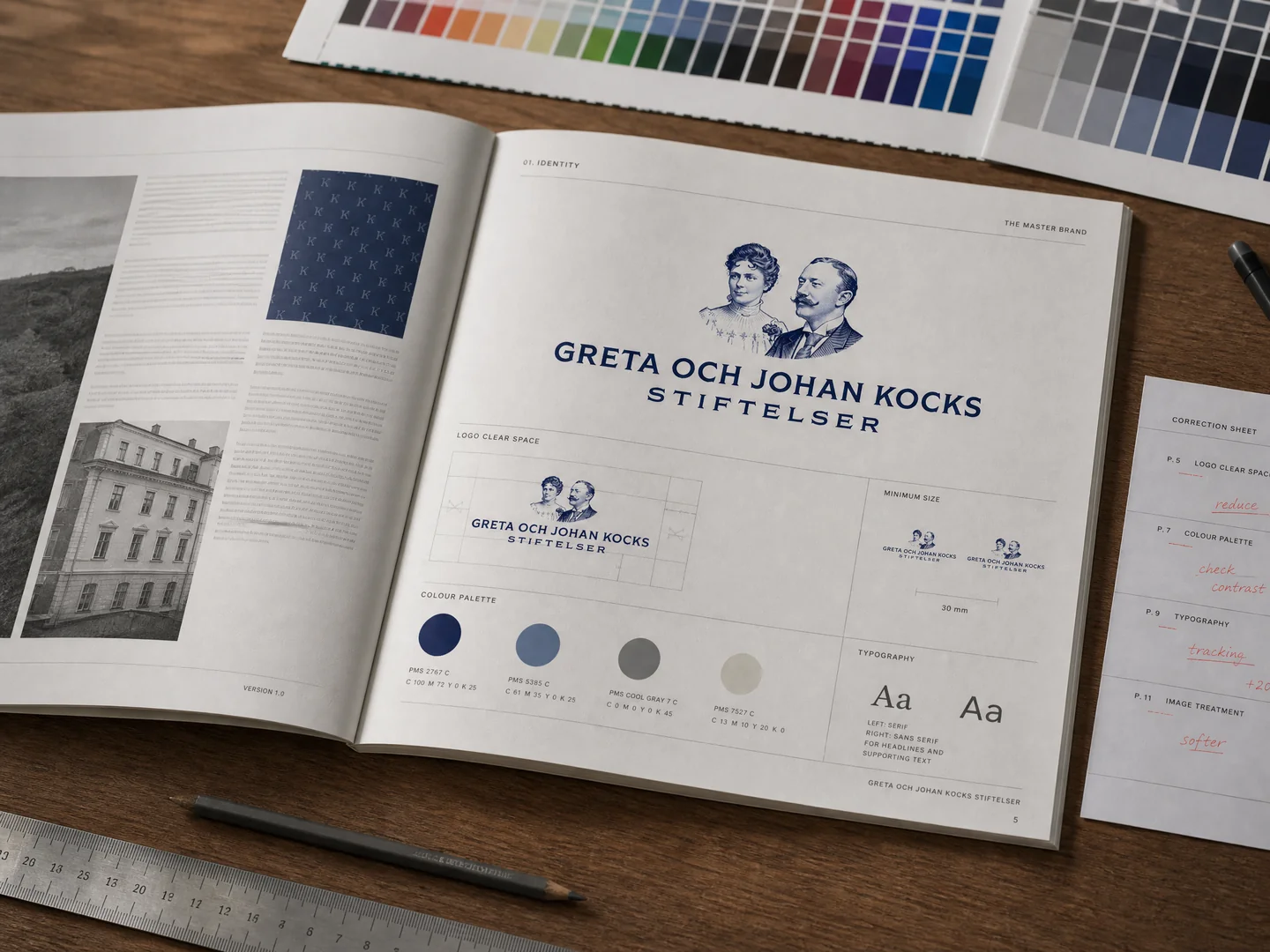 Uppslag med visuell identitet för Greta och Johan Kocks stiftelser