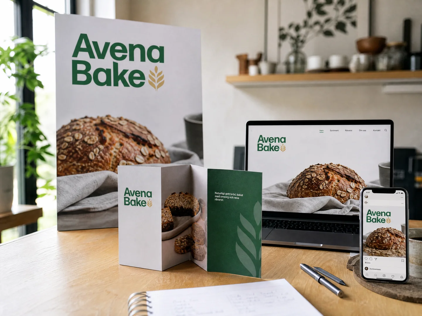 Avena Bake på rollup, broschyrer och digitala skärmar
