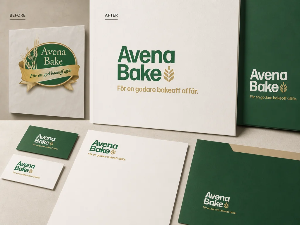 Tidigare och ny Avena Bake-logotyp med visitkort och brevpapper