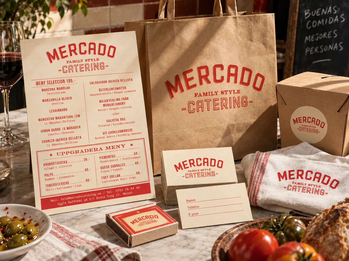 Mercado Catering på meny, kasse, matförpackning och visitkort