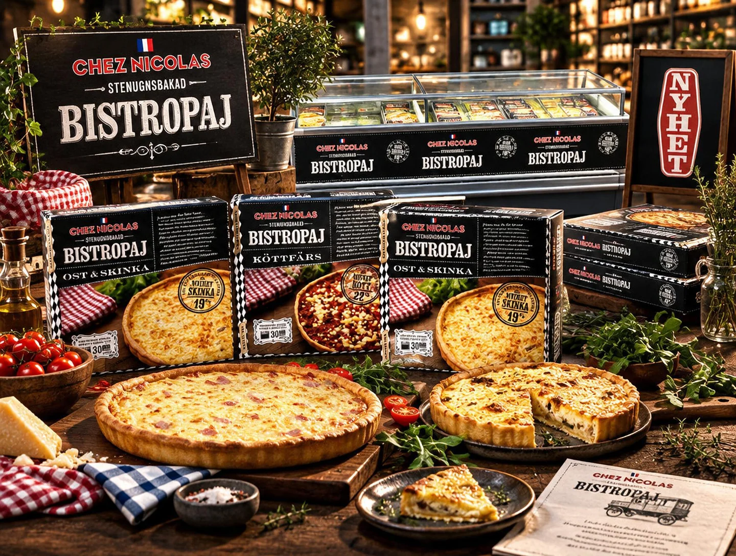 Chef Nicolas bistropajer med svarta förpackningar och butiksmaterial