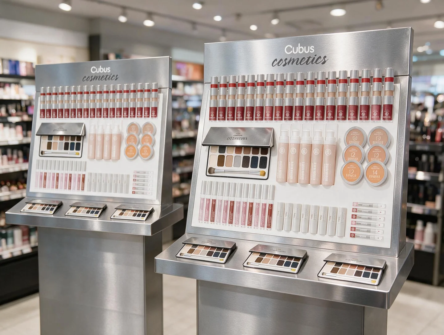 Två butiksdisplayer med kosmetikprodukter för Cubus Cosmetics