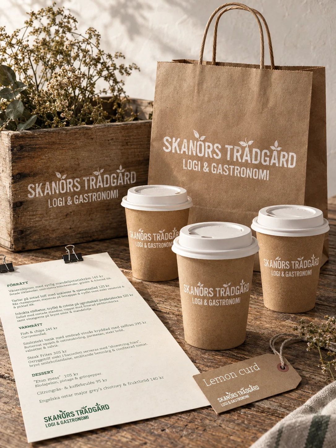 Skanörs Trädgård och Gastronomi på papperskasse, kaffemuggar och meny
