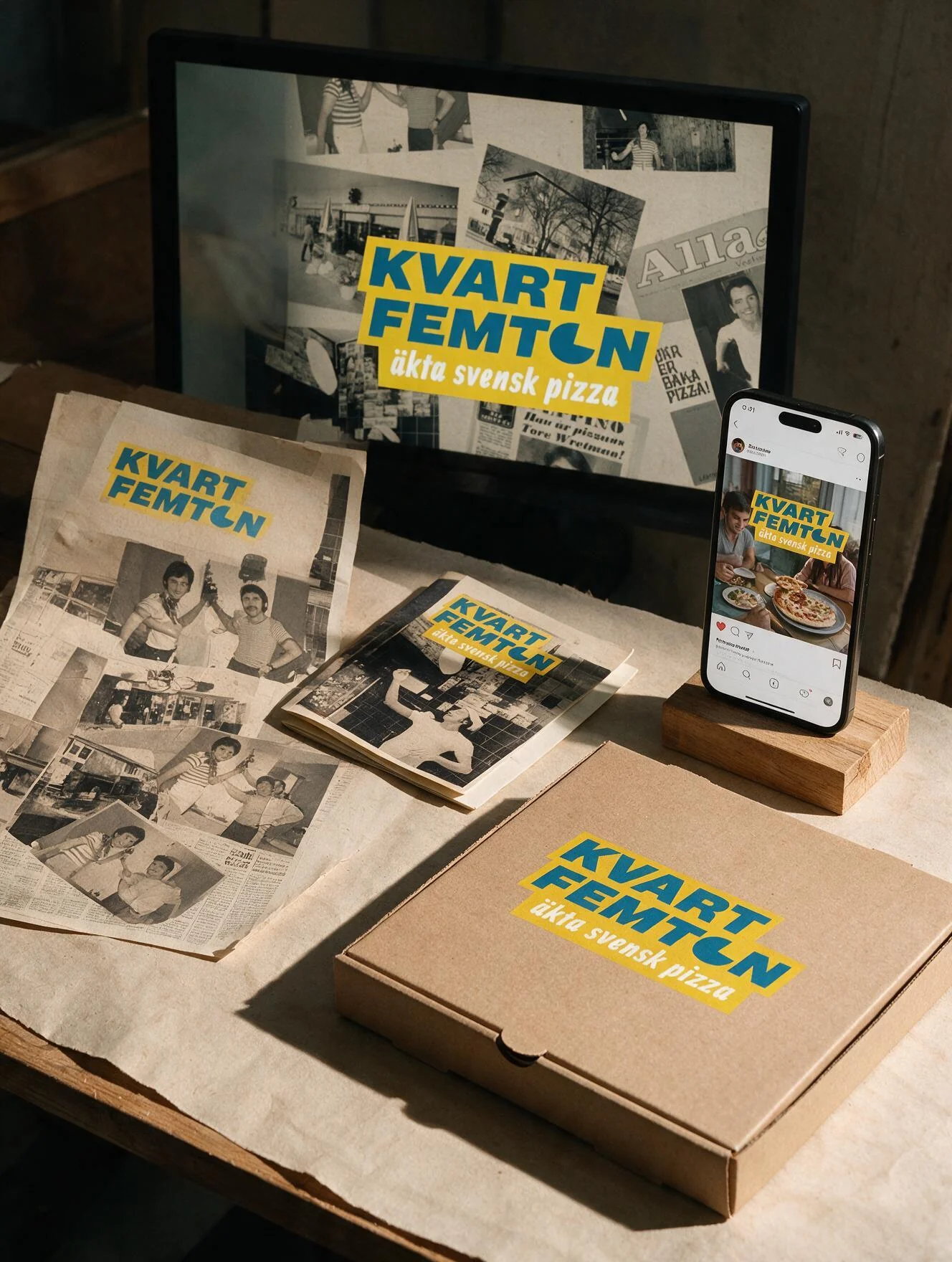 Kvart i Femton i samma visuella uttryck på mobil, affisch och trycksaker