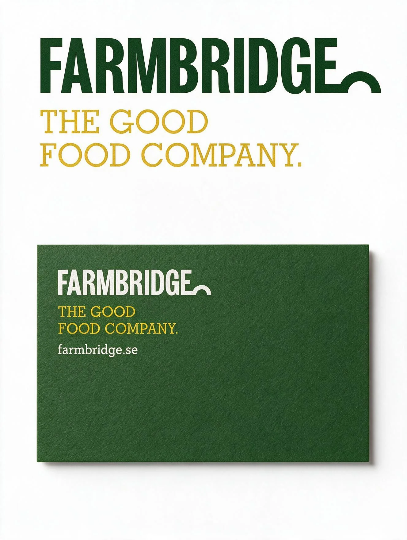 Farmbridge-logotyp och visitkort i grönt och gult