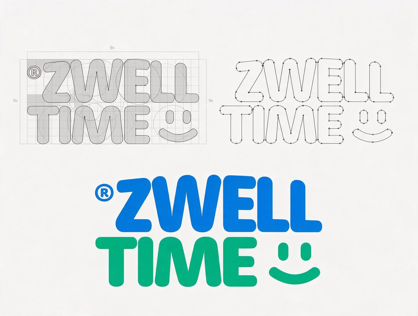 Zwell Time-logotyp från skiss till blå och grön färgversion