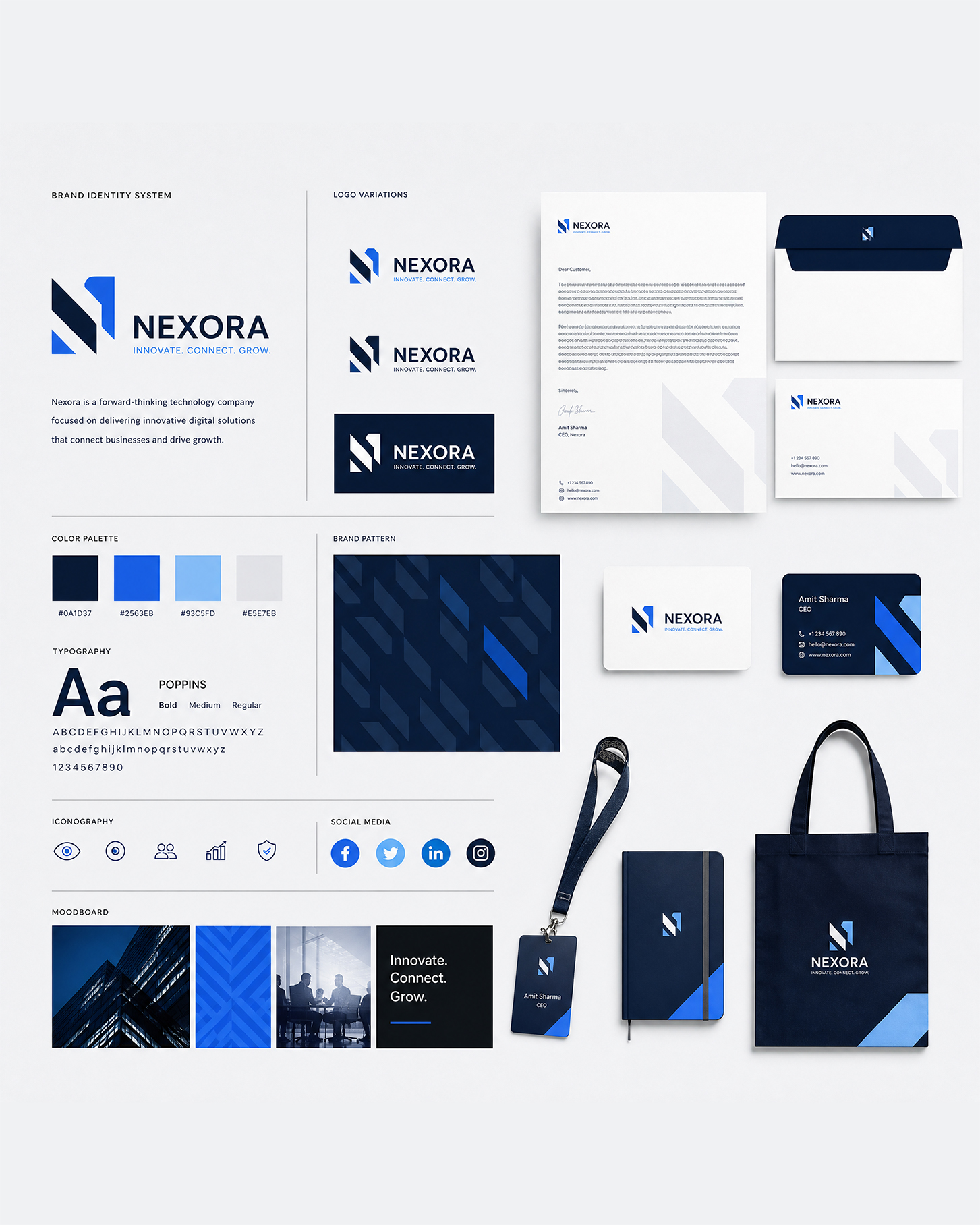 Visuell identitet med logotyp, färger, typografi och applikationer