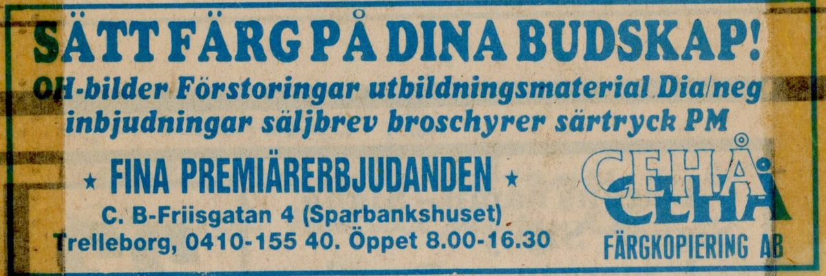 Gulnat tidningsurklipp med blå text: Sätt färg på dina budskap! och CEHÅ:s tidiga logotyp.